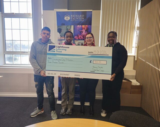 Pictured: Vicky McKillen, Basics Bank foodbanks manager for Southampton City Mission, receives a cheque from Richard Taunton Sixth Form College students